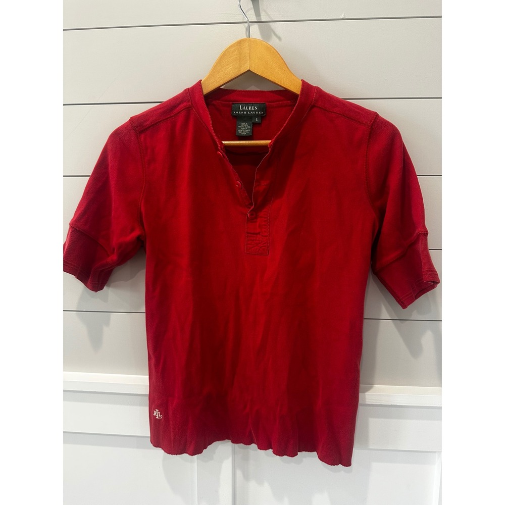 Lauren Ralph Lauren Womens Red Short Sleeve Henley Button Top Size S RL Logo